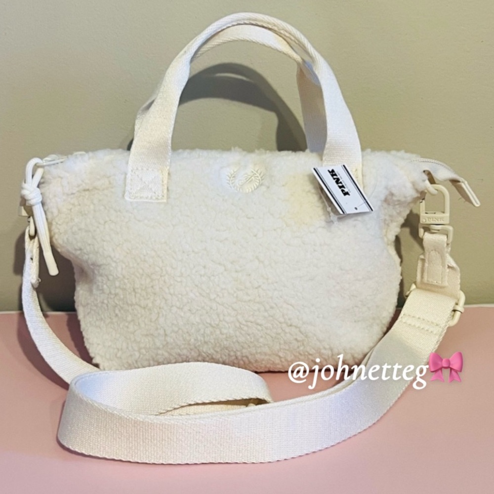 PINK VICTORIA’S SECRET Plush Teddy Mini Tote Bag Sherpa Travel Winter White